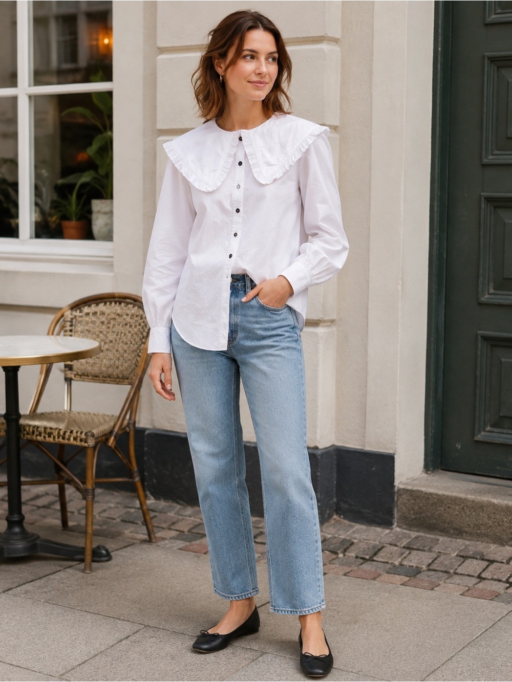 NWT GANNI White Frill Collar Cotton Poplin Shirt 38 US 6